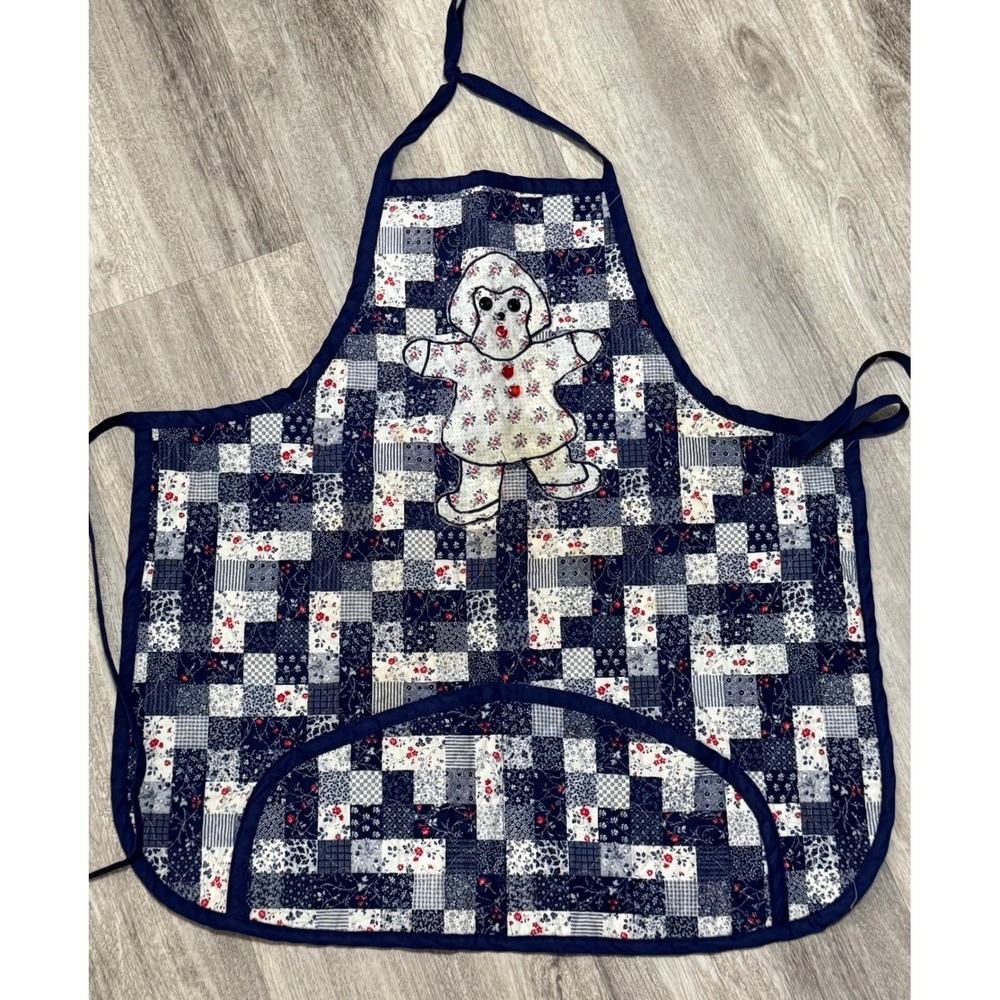 Kids Quilted Gingerbread Man Apron Patchwork Blue Floral Red Button Handmade Fun
